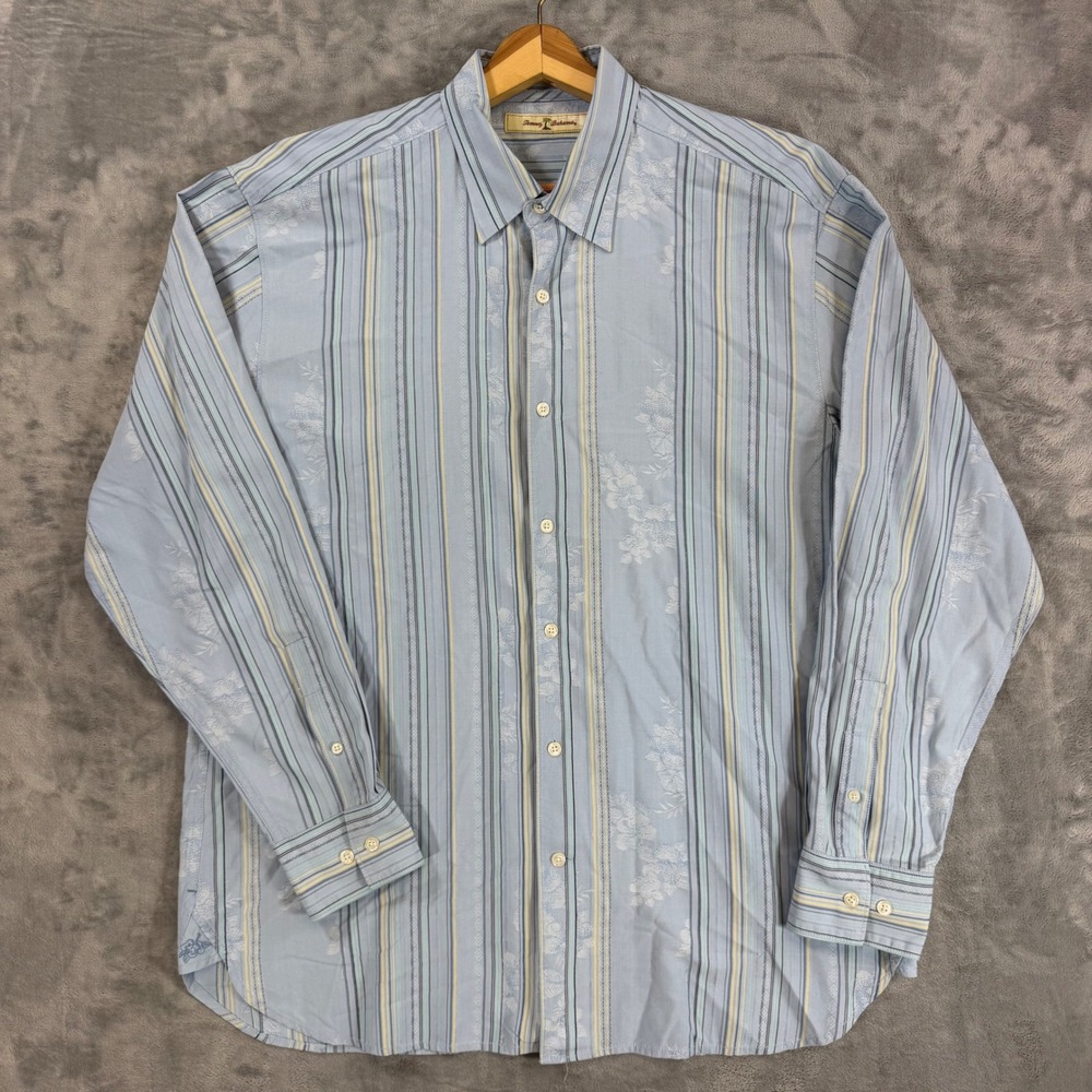 Tommy Bahama Men's Striped Floral Jacquard Button Down Shirt Size L Large Blue